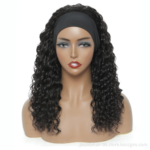Wholesale Glueless Full Machine Made Wigs Curly Natural Black Color 100% Human Hair Non Lace Deep Wave Headband Wig